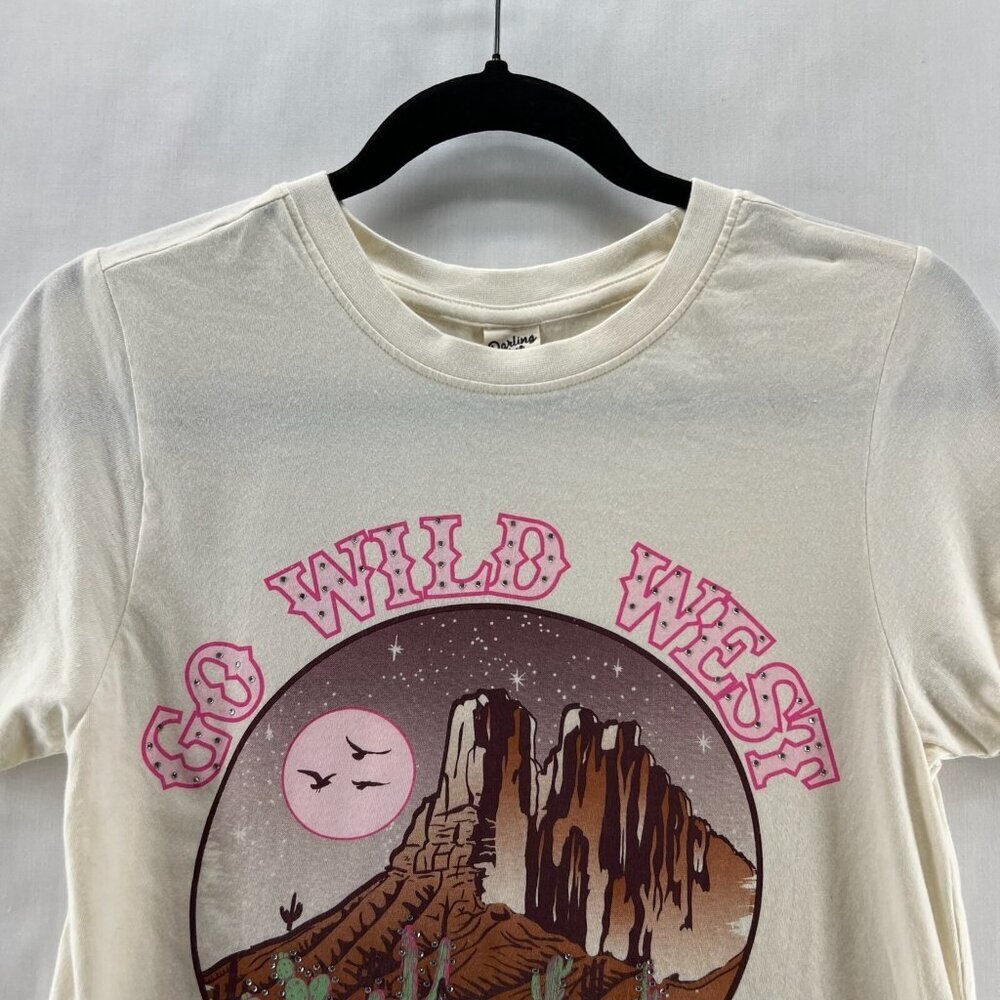 Darling Blue Cropped Shirt Womens XS Crew Neck Cuffed Go Wild West Graphic Cream - Picture 3 of 9